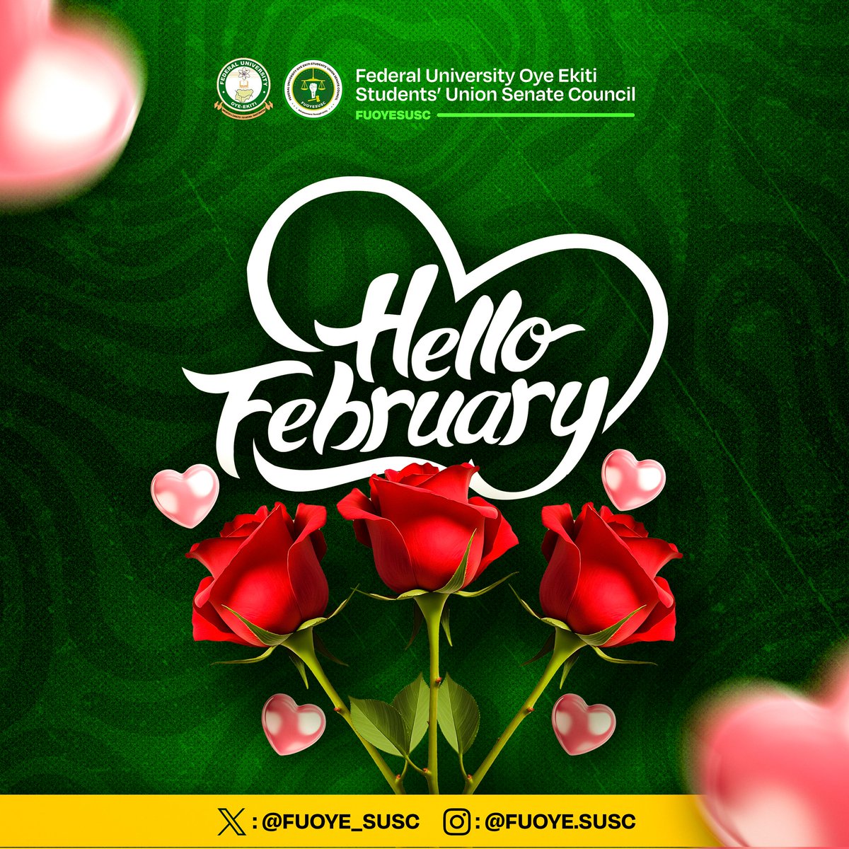 FUOYE_SUSC's tweet photo. Welcome to February — a month of growth, love, and renewed commitment to excellence. 💚
SEN.ROYALTY
CHIEF PRESS SEC @Adewumi_AO
#newmonth #feburary https://t.co/WBms9Srwgs