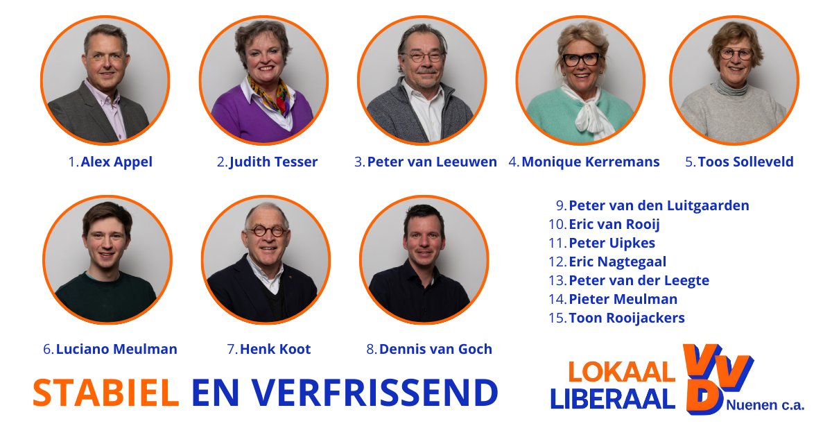 <a href="/VVDNuenen/">VVD Nuenen c.a.🧡</a> Stabiel en verfrissend.
Wij zijn trots op  lijst van de VVD Nuenen ca voor de Gemeenteraadsverkiezingen 2026. We gaan er met dit enthousiaste team bestaand uit "vertrouwde gezichten" en "jonge, politiek geëngageerde nieuwe gezichten" samen iets moois van maken.