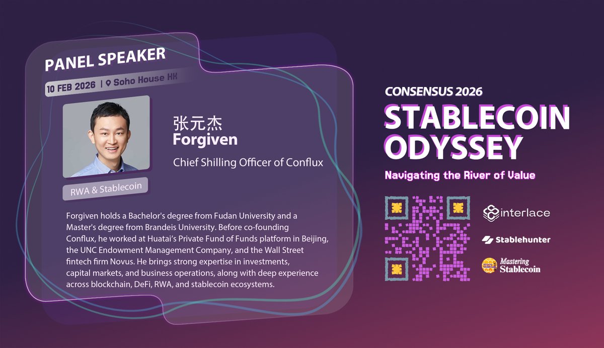 🔥 Speaker Spotlight | Stablecoin Odyssey 2026 · HK

Forgiven <a href="/forgivenever/">Forgiven</a> , Chief Shilling Officer at <a href="/Conflux_Network/">Conflux Network Official</a> , is joining our RWA Panel!

🌊From Wall Street to Web3:
→ Track record across UNC Endowment, Wall Street fintech (Novus), and Huatai's PE platform
→
