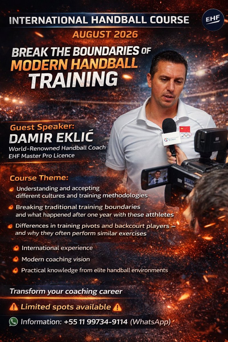 Pinta9_L10's tweet photo. ⸻

🚨 INTERNATIONAL HANDBALL COURSE | AUGUST 2026

Break the boundaries of modern handball training with
🇭🇷 Damir Eklić – EHF Master Pro Licence

⚠️ Limited spots available
📲 Info: +55 11 99734-9114 (WhatsApp)

#Handball #HandballCoaching #EHF #CoachEducation #HighPerformance https://t.co/dsWZgqKUaV