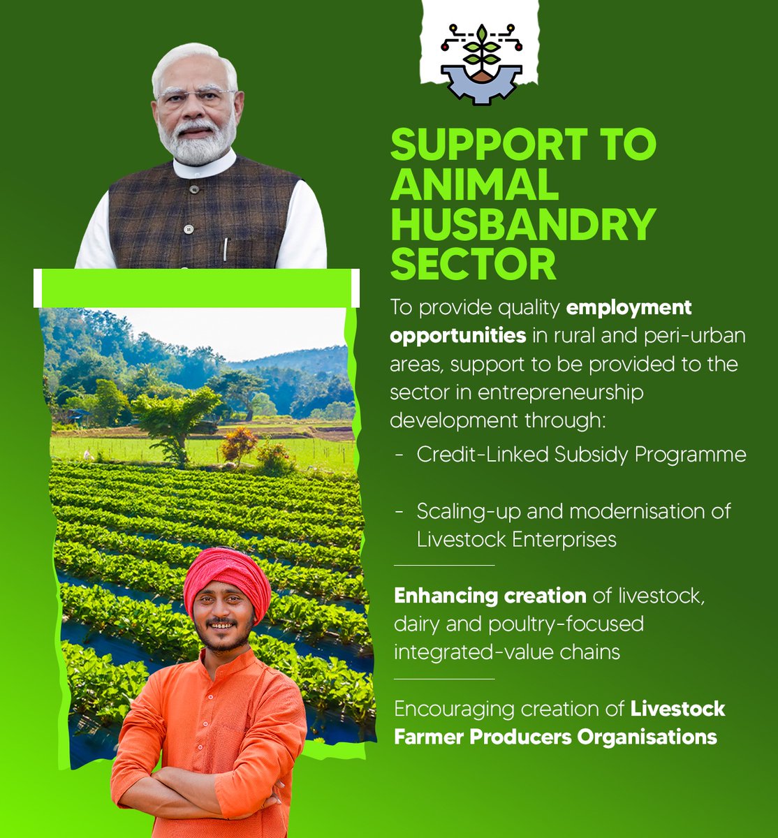 BJP4JnK's tweet photo. Modi government's support to the animal husbandry sector will empower rural areas by creating quality employment opportunities and fostering entrepreneurship through initiatives like the Credit-Linked Subsidy Programme, modernized livestock enterprises and farmer producer organizations.

#ViksitBharatBudget