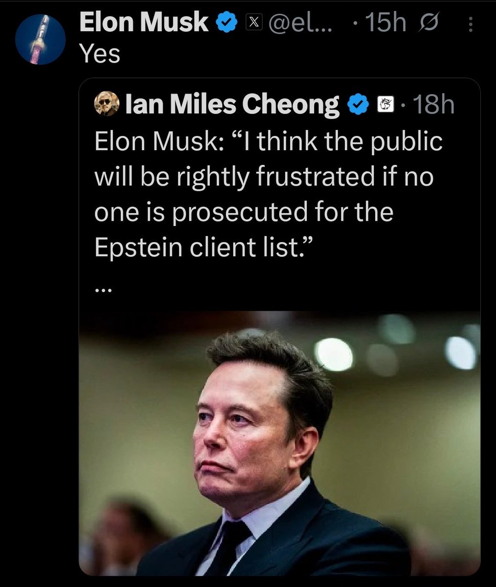 Elon Musk พูดถึงเรื่องรายชื่อลูกค้าของ Jeffrey Epstein ที่ถูกปล่อยออกมาว่า “ผมคิดว่าประชาชนมีเหตุผลที่จะรู้สึกหงุดหงิดเป็นอย่างมาก หากไม่มีใครถูกดำเนินคดีจากรายชื่อลูกค้าของ Epstein เลยสักคน เพราะที่ผ่านมายังไม่มีลูกค้าของ Epstein สักคนที่ถูกดำเนินคดีเลย แม้แต่คนเดียว