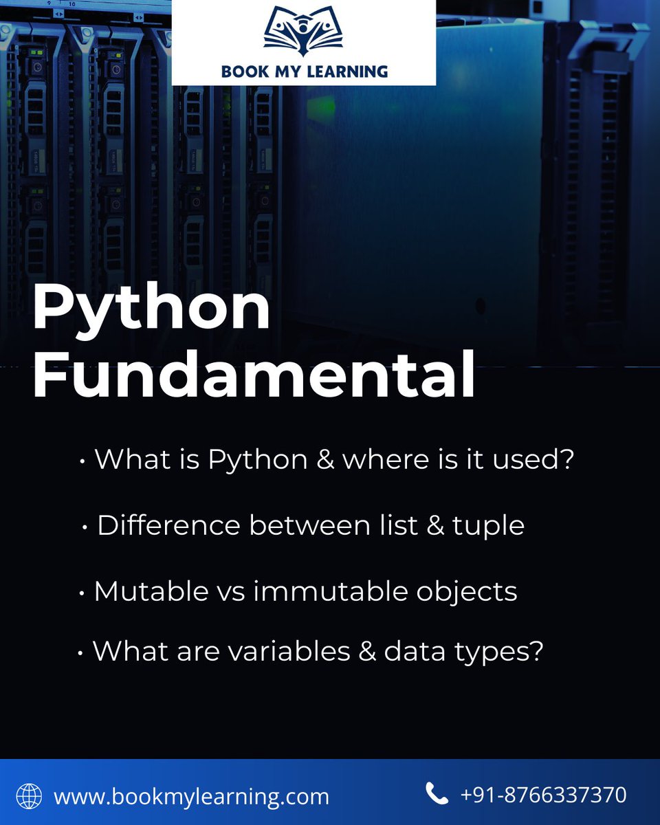 BookMyLearning_'s tweet photo. Python Interview Questions 🐍
For Data &amp; Analytics Roles 📊
Learn what recruiters actually ask.

@bookmylearning

#python #pythoninterview #pythondeveloper #datainterview #dataanalytics #datascience #analyticsjobs #techinterview #interviewpreparation #jobready #careergoals https://t.co/EeUpv7UOPv