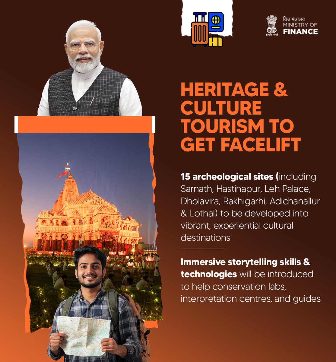 nsitharamanoffc's tweet photo. Giving heritage &amp; culture tourism a boost - 15 key archaeological sites to be upgraded into vibrant visitor destinations, with immersive storytelling and tech for better experiences. #ViksitBharatBudget https://t.co/VJ3wGdUEOL