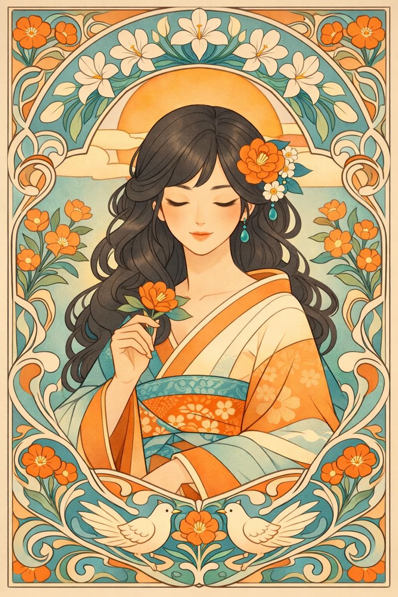 Nathan_Kurtz's tweet photo. Este prompt + foto 

Elegant Art Nouveau portrait illustration, decorative floral framing, flowing organic linework, soft pastel and warm citrus color palette (orange, cream, teal, light blue), flat yet detailed shading, smooth airbrush texture, ornamental botanical patterns.. https://t.co/Z0flDaeCk3