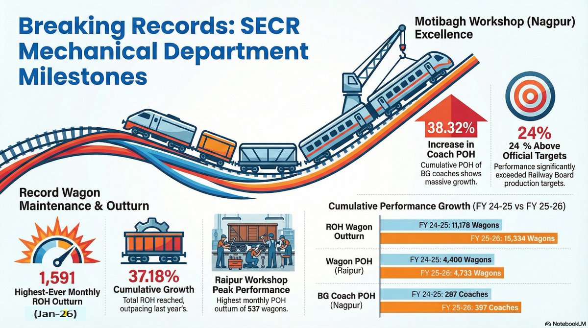 secrail's tweet image. SECR’s Mechanical Department achieves record ROH outturn, strong growth in Coach &amp;amp; Wagon POH, and performance beyond official targets- setting new benchmarks in railway excellence.

#SECR #BreakingRecords #RailwayExcellence #IndianRailways