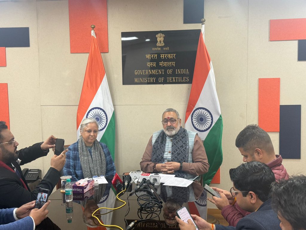 girirajsinghbjp's tweet photo. Addressed the media alongside the Secretary, Textiles on the #ViksitBharatBudget2026, outlining a forward looking vision to strengthen the textile ecosystem by enhancing productivity, accelerating technology adoption, expanding skilling and deepening market linkages. This youth driven #Budget2026 creates new opportunities across the value chain while positioning the sector for sustainable and inclusive growth.

#ViksitBharatBudget #Textiles #MakeInIndia #AtmanirbharBharat