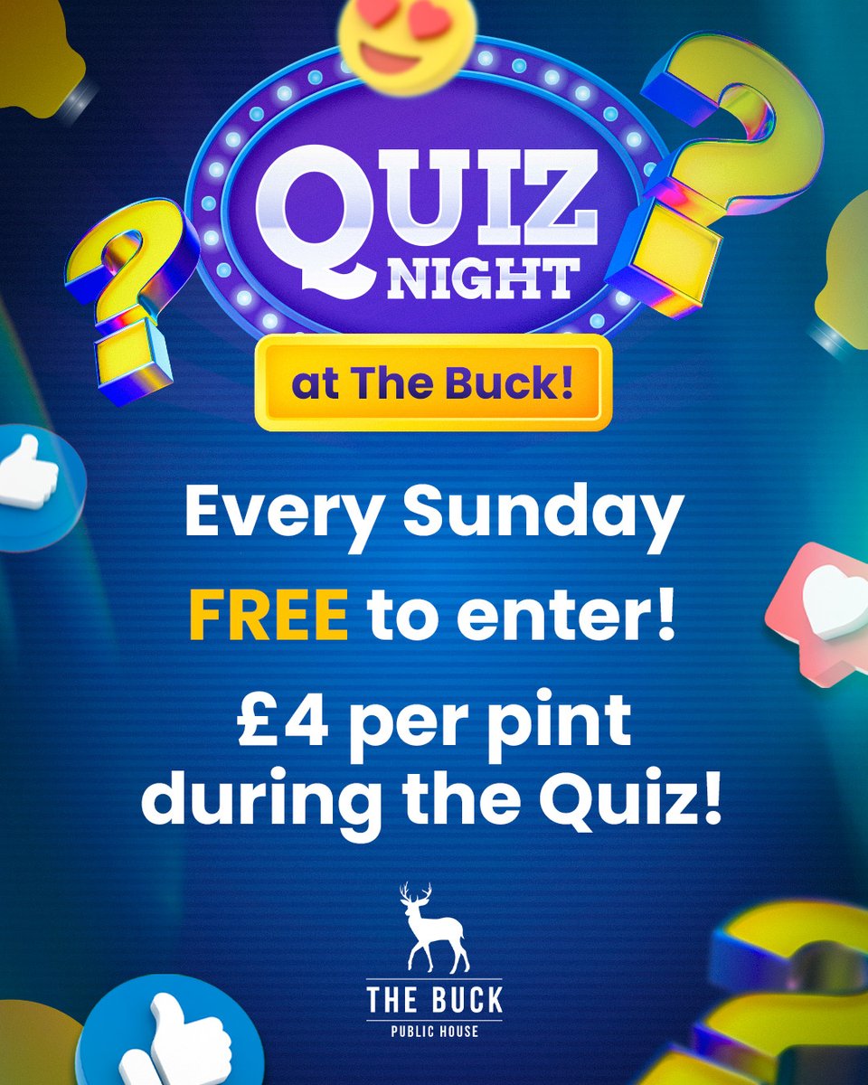 🧠 QUIZ NIGHT AT THE BUCK 🧠 

📅 Every Sunday 
🆓 FREE to enter 
🍺 £4 per pint during the quiz 

🏆 Test your knowledge 🎯 

Perfect Sunday evening out!!