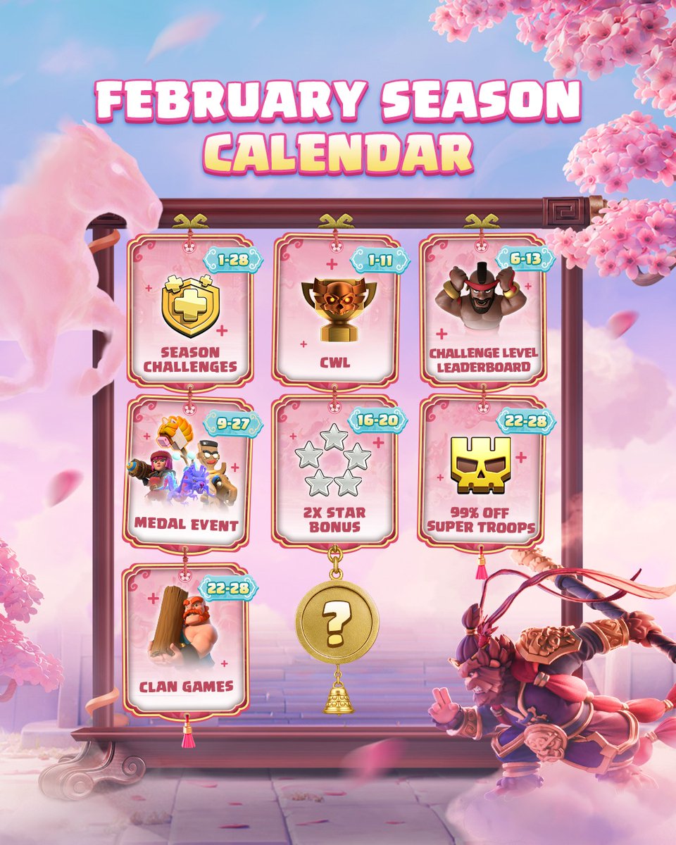 Calendário de fevereiro de 2026

Um Evento de Medalhas do Ano Novo Lunar chega a 9 de fevereiro, com tropas temporárias e um novo Equipamento Épico de Herói para o Rei Bárbaro. E um evento mistério, será novo update?

Junta-te a nós
linktr.ee/ptwar

#ClashOfClans #ptwar