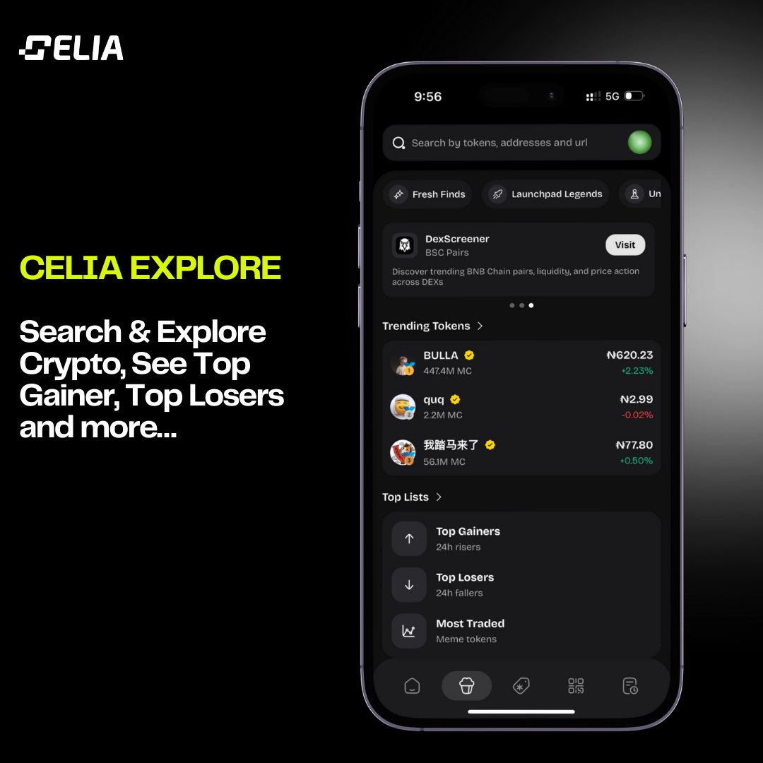 CELIA EXPLORE 🔎
Search &amp; Explore Crypto and import to your wallet, See Top Gainers, Top Losers and more…