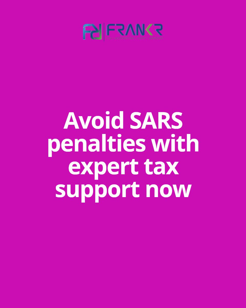 FRANKRTaxCareSA's tweet image. Stay tax compliant. FRANKR handles your books. #IT14 #IT12 #AFS #Accounting #SDL #Submission

Stay compliant and avoid SARS penalties. Get urgent professional Accounting, Tax &amp;amp; Payroll support before deadlines cost you money. wa.me/27617002016