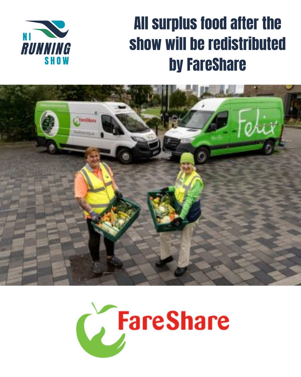 We're delighted to be partnering with <a href="/FareShareNI/">Fareshare NI</a> to distribute surplus food after the show. Fareshare do amazing work across the UK taking good quality surplus food from right across the food industry and distributing it to nearly 8,000 frontline charities and community groups.