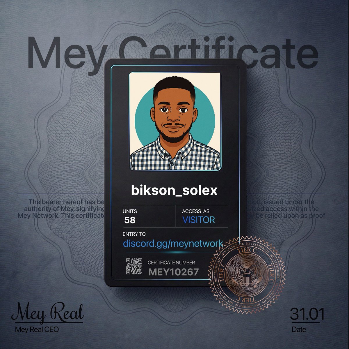 bikson_solomon's tweet photo. Got my **MEY Certificate** and unlocked access to MEY HQ.

Lowkey curious how rare my tier is.

What did you pull?

@mey_network → https://t.co/QCx6L7j5jt https://t.co/MV7scF1hjE