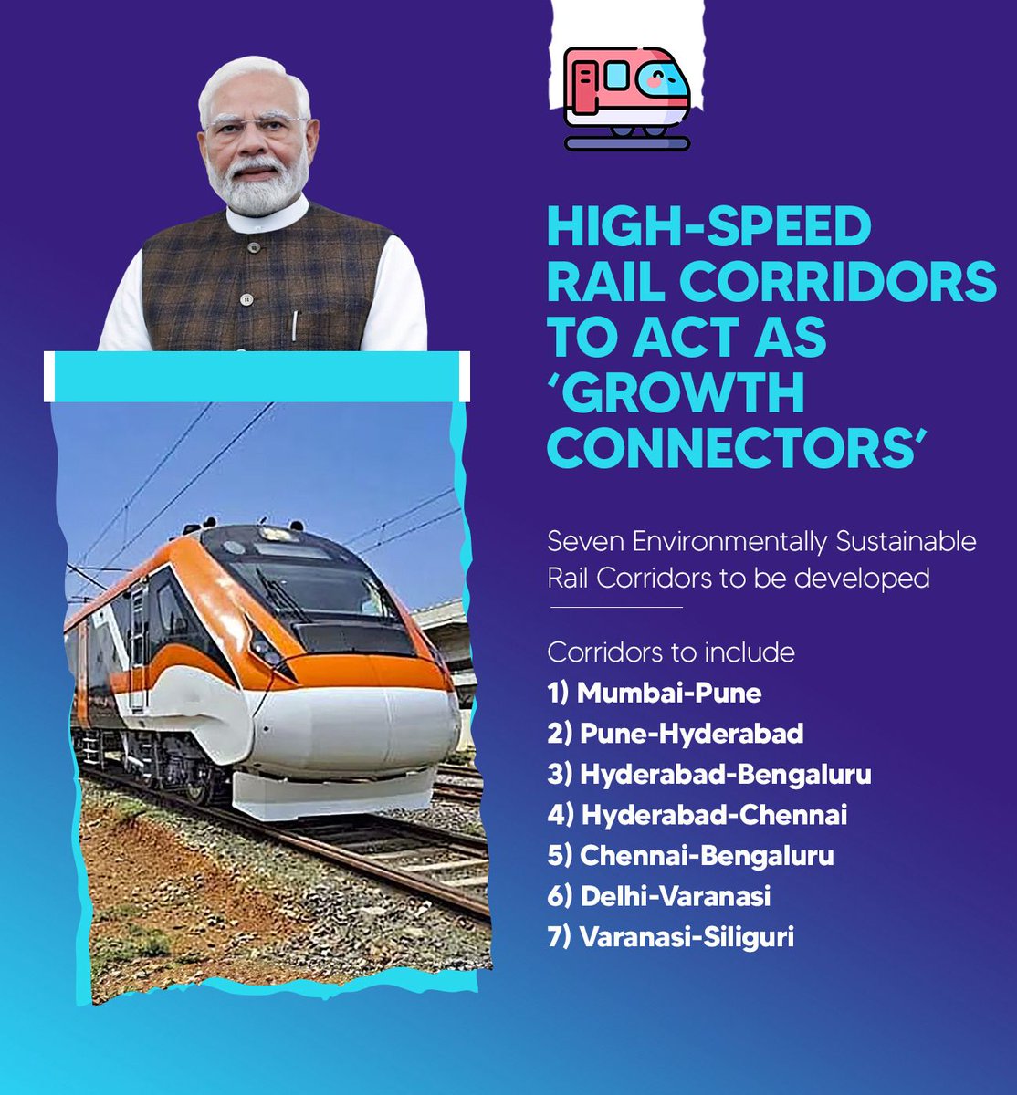 Dev_Fadnavis's tweet photo. High-Speed Rail Corridors To Act As 'Growth Connectors'

The country will witness the development of seven high-speed rail corridors designed with environmental sustainability at their core.  

High-Speed rail corridors, including Mumbai-Pune and Pune-Hyderabad, are poised to become powerful engines of growth, accelerating economic activity, fostering regional connectivity, and transforming the way India travels.

Grateful to Hon Prime Minister Narendra Modi Ji for his forward-looking leadership in building next-generation infrastructure and Hon Union FM Nirmala Sitharaman ji for driving growth and progress across the nation.

 @narendramodi @nsitharaman 
 #BudgetForViksitBharat #ViksitBharatBudget