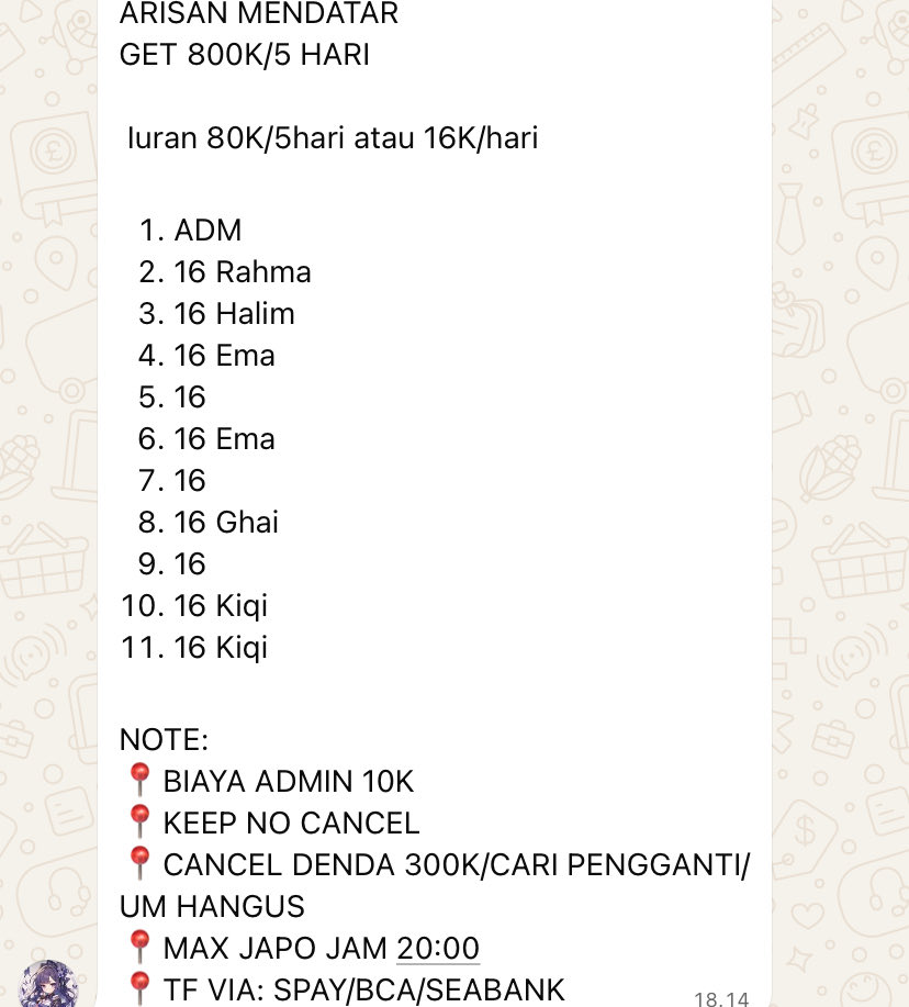 Siapa lagi yuk yang mau join arisan mendatar receh iuran perhari cuma 16k😍😍 info detail langsung chat wa diprofil💖

Grup: chat.whatsapp.com/CAQckApKy1YDCp… #zonajajan #zonauang #zonauang