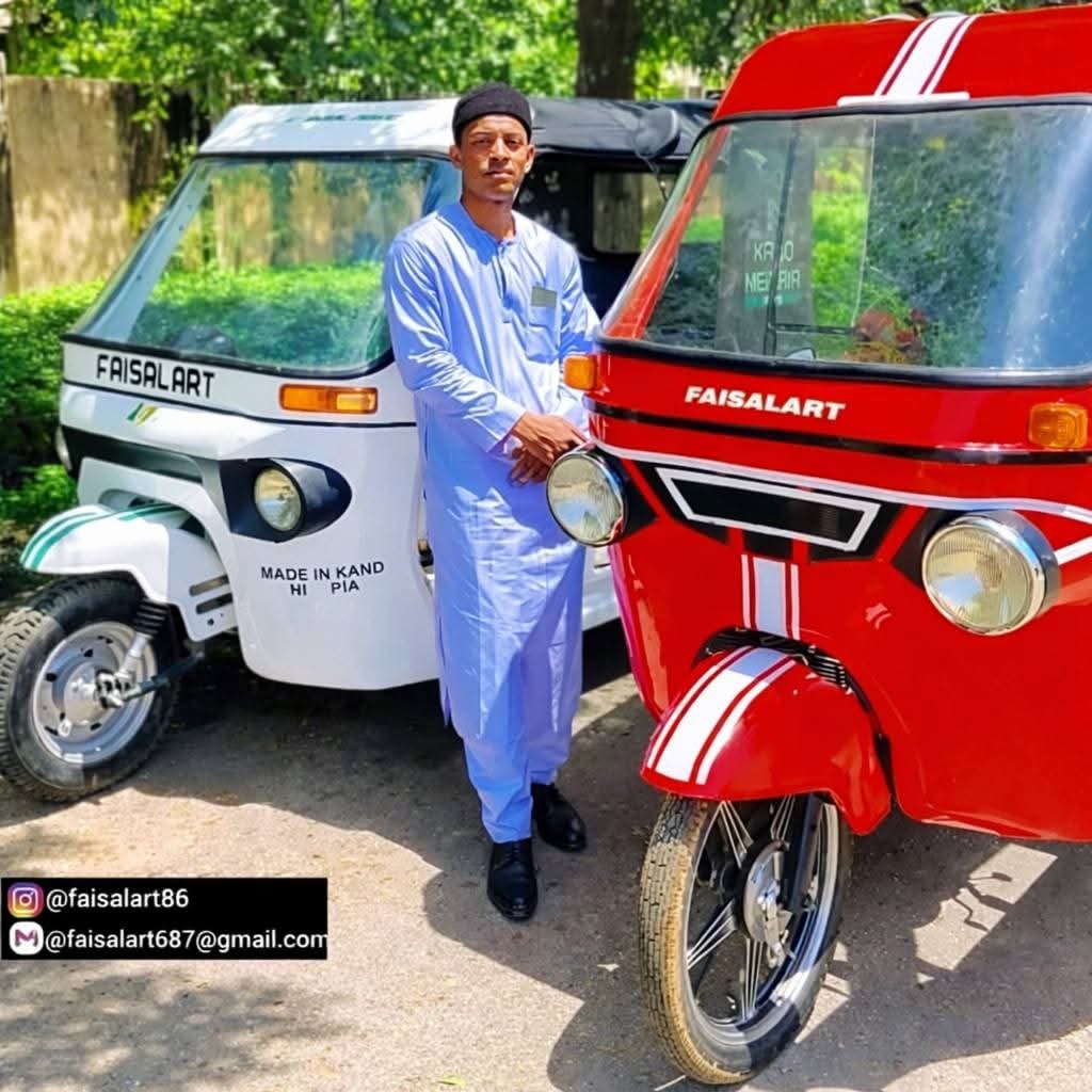 Naijafz's tweet photo. A young Nigerian from Kano State, Faisal Sanusi, has successfully manufactured Made-in-Kano Nigerian tricycles (Keke Napep) entirely from scratch. https://t.co/fckPUD4H98