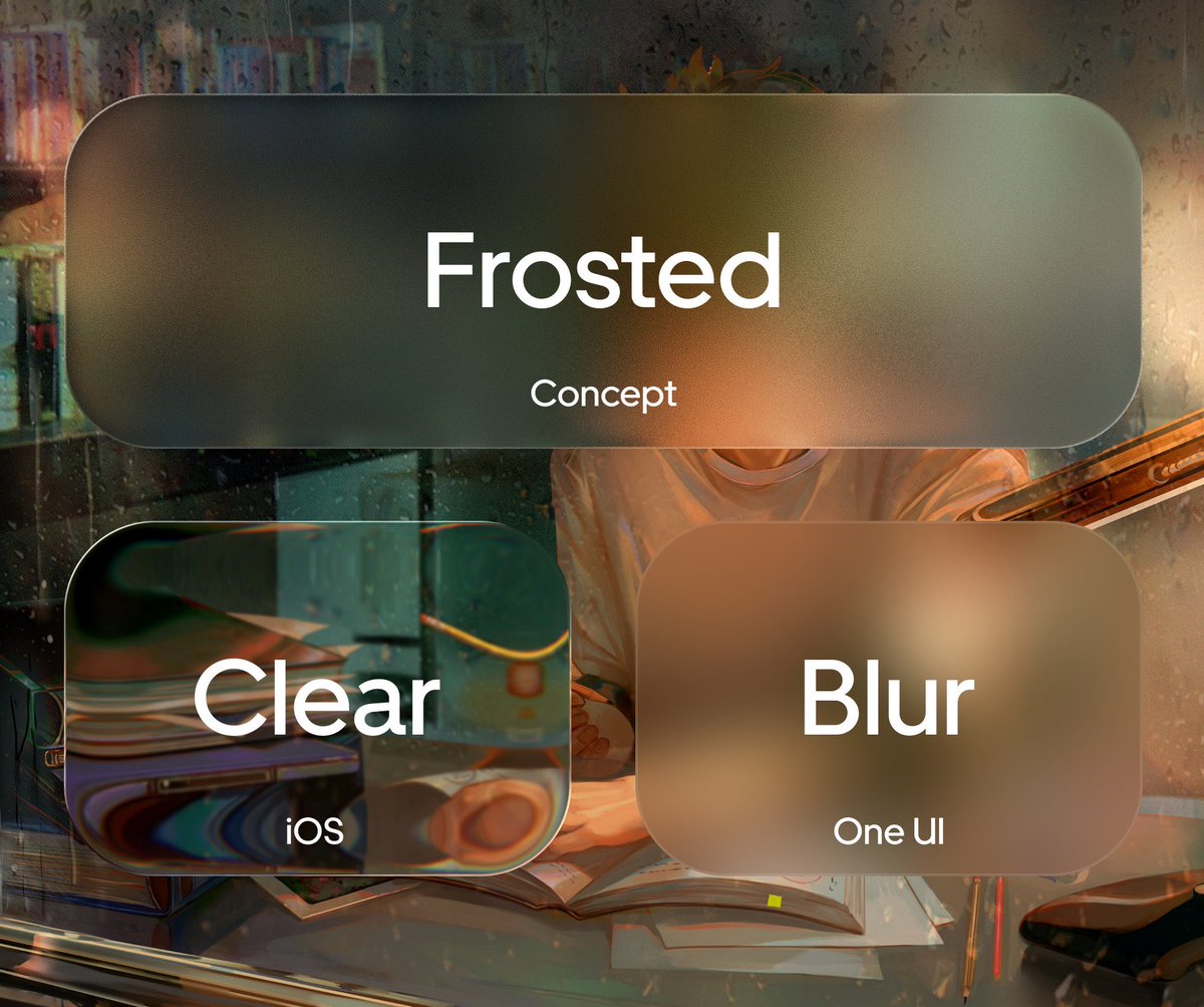 Frosted Glass Done Right ✅  

• iOS (Clear): Crisp, vibrant backdrop – colors pop through cleanly  

• One UI (Blur): Heavy blur kills detail and vibrancy – looks muddy  

Frosted glass should feel light &amp; premium, not like someone smeared Vaseline on your screen.  

Less blur