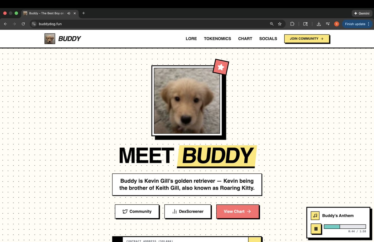 Buddy website is live!

Let me know if there is anything you would like me to add or change. 

We got a lore section with a quick summary and a live chart and price info.

And make sure you check out the song!

buddydog.fun