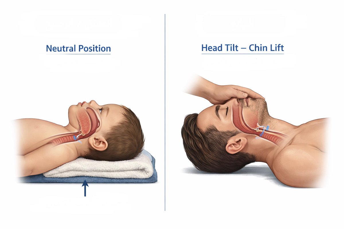 الطفل: الرأس كبير نسبيًا، الرقبة قصيرة، اللسان كبير مقارنة بتجويف الفم → أي تمديد زائد للرأس قد يغلق مجرى التنفس. 
الوضعية الصحيحة: Neutral position (منشفة تحت الكتفين).

البالغ: الرأس متناسب مع الجسم، اللسان أصغر نسبيًا، المجرى أوسع → فتح المجرى يكون بـHead tilt–chin lift