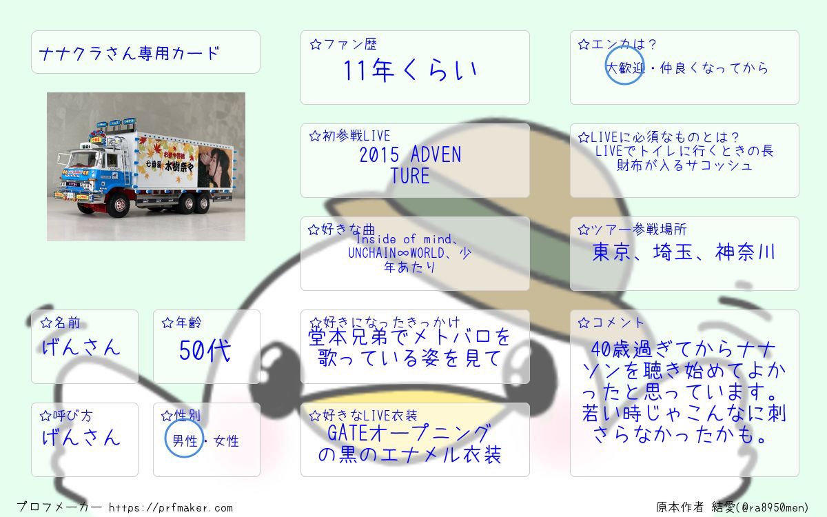 GENSAN69413234's tweet photo. さて、初めてナナクラさんカード作ってみたよ。楽曲入りのナナクラさんなので，アニメはほぼない見たことないです。主勢力の30代よりかなりおじさんですけど、宜しくお願いします😊
#水樹奈々
#ナナクラ
#SC_nana_net https://t.co/Wua0LFKrkP