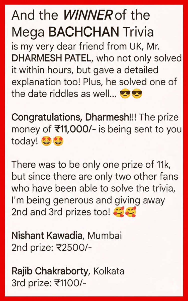 raj20k's tweet photo. Answers to The Mega BACHCHAN Trivia, along with names of the WINNERS! 😎😎
#MegaBachchanTrivia #13431 

Congratulations, Dharmesh!! @mrdkpatel 

@NishantKawadia @prashantkawadia @rajib14 https://t.co/U51tDnXhAC