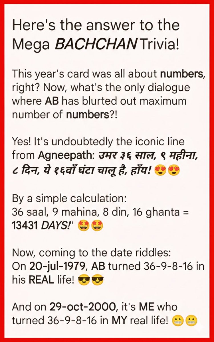 raj20k's tweet photo. Answers to The Mega BACHCHAN Trivia, along with names of the WINNERS! 😎😎
#MegaBachchanTrivia #13431 

Congratulations, Dharmesh!! @mrdkpatel 

@NishantKawadia @prashantkawadia @rajib14 https://t.co/U51tDnXhAC