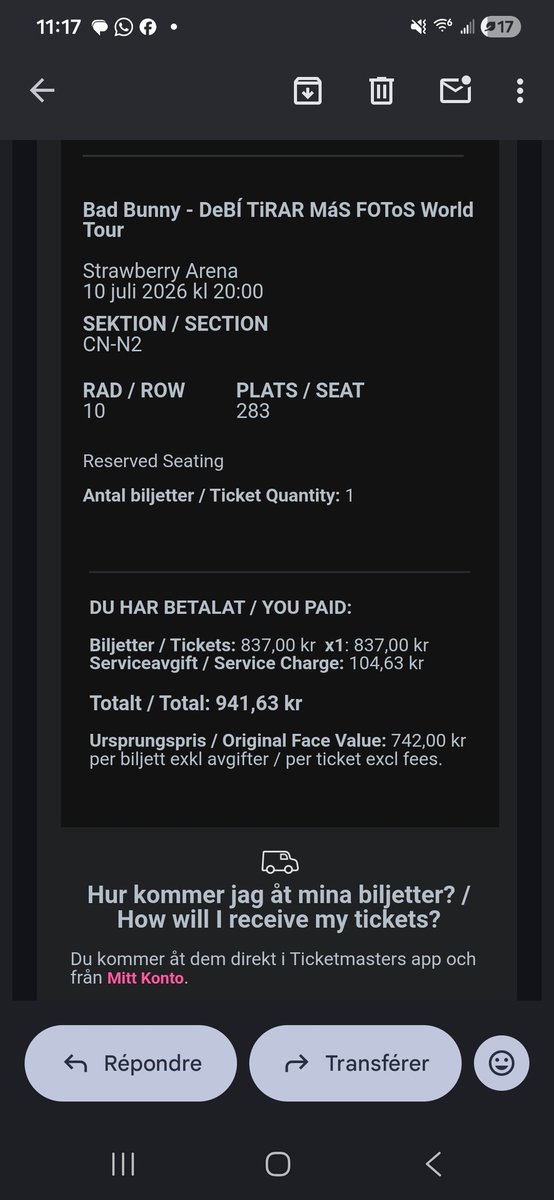 _GM66_'s tweet photo. Hii everyone, I bought tickets for Bad Bunny in Sweden on July 10th, but unfortunately we won't be able to go,  Unfortunately, I bought them on the resale market (I lost the Ticketmaster war) and i cant resale them !💀
I sell them at 941,63kr / 89€ each one
#BadBunny https://t.co/VzRUc5xfYp
