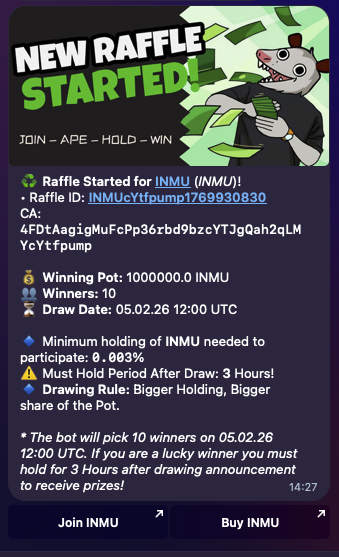 🎰💰 帰ってきた!!総額150万$INMU🎰💰
Wエアドロキャンペーン開催🔥🔥

━━━━━━━━━━━━━━━━
🎁 キャンペーン①：WTF Raffle

💰 賞金：100万INMU 
👥 当選者：10名
📍 会場：t.me/wtftrending/77…

参加条件：
✅ $INMUを現在の価格で3〜5ドル以上保有
✅ 抽選日まで保有継続
✅