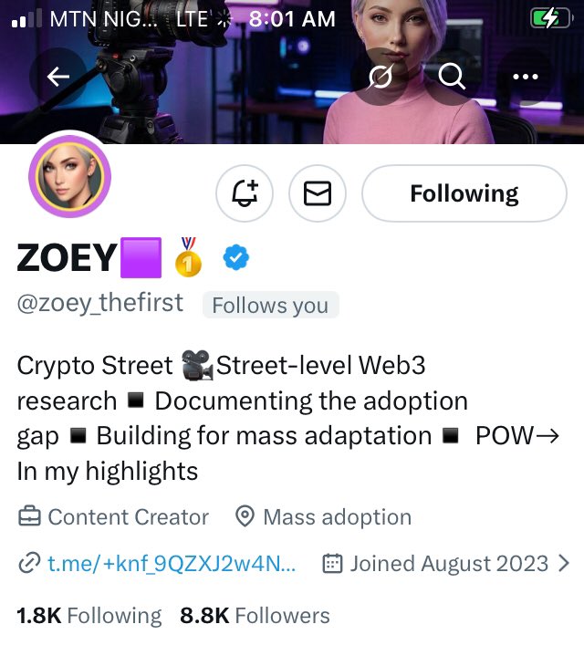 Mr_Mind11X's tweet photo. Super pumped🫣
My boss lady @zoey_thefirst Crypto Street queen and Web3 visionary followed back
Bridging adoption gaps with street research docs and mass build vibes Nod to our hustle let's collab and level up.
#CryptoStreet #Web3 #MassAdoption @zoey_thefirst https://t.co/TpQcWBJsqX