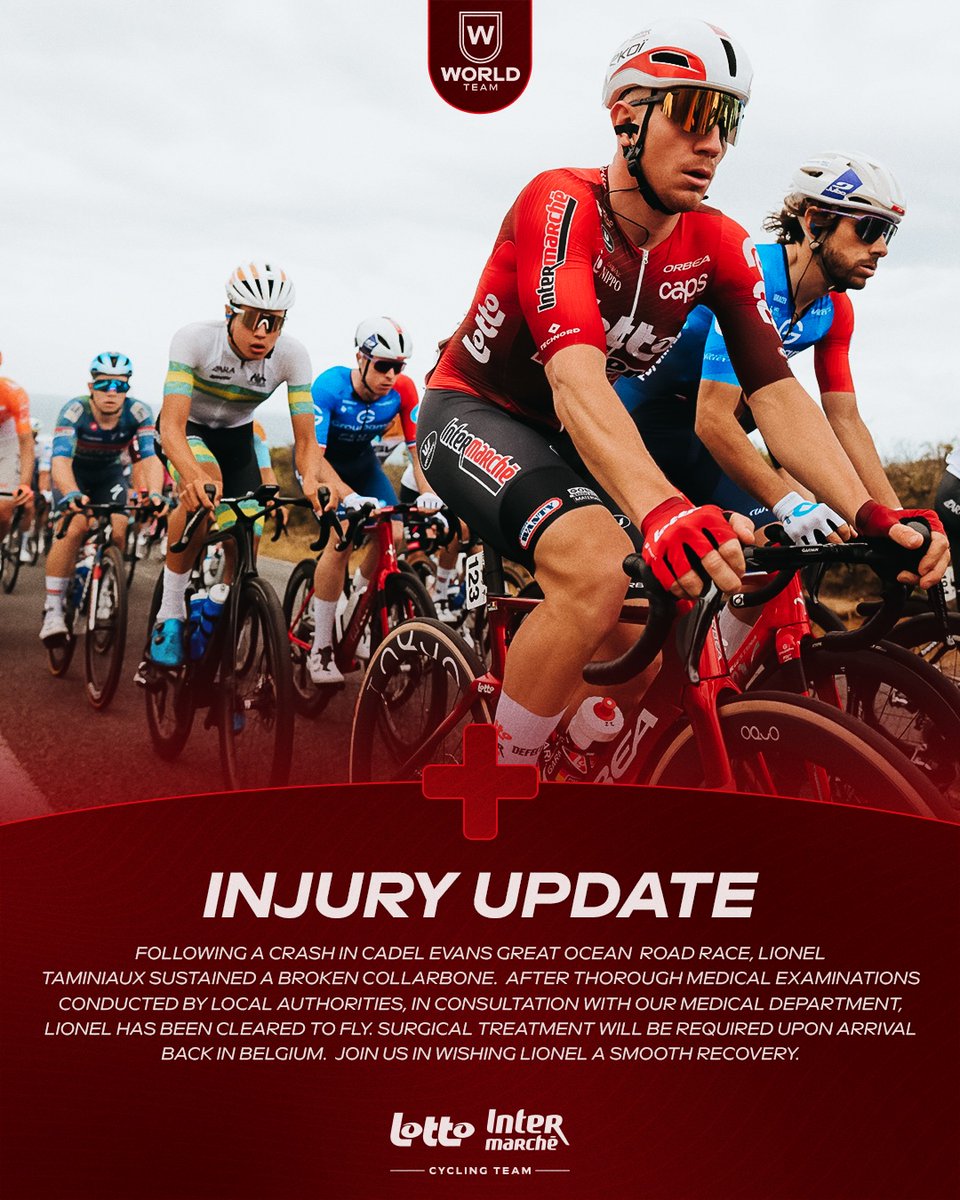 LottoIntermarch's tweet photo. Lionel Taminiaux sustained broken collarbone after crashing in @CadelRoadRace. He has been cleared to fly and surgical treatment will be required upon arrival in Belgium. Get well soon Lionel ❤️🩹 https://t.co/yhgNaMOkFg