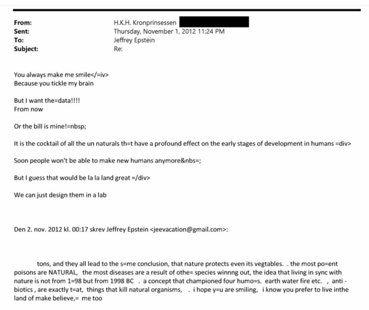syncronus's tweet photo. Norway’s Crown Princess Mette-Marit to Epstein: “You always make me smile… Because you tickle my brain.”  

Her name appears several hundred times in the Epstein files. Her son, 28-year-old Marius Borg Høiby stepson of heir to the throne, Crown Prince Haakon, was charged with 23 counts of raaape involving “DOUBLE-DIGIT” number of victims.