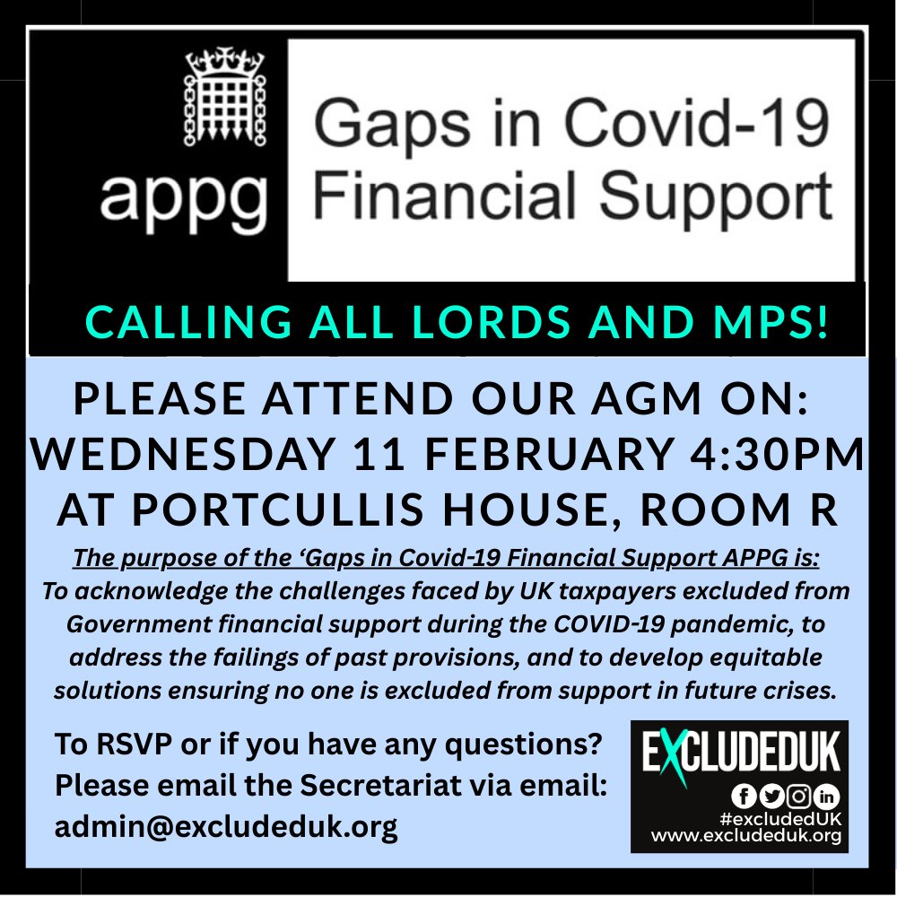 ExcludedUK's tweet photo. 📣 Lords and MPs, please attend the ‘Gaps in Covid-19 Financial Support’ APPG Annual General Meeting

This is an important opportunity to come together, review progress, confirm office holders, and agree priorities for the months ahead, including the ongoing impact of Covid-19 support gaps on small businesses and individuals who were excluded from parity of pandemic support.

🗓️ Wednesday 11 February 2026
🕟 16:30
📍 Portcullis House, Room R
��� Please RSVP
📩 admin@excludeduk.org
🌐 https://t.co/bmIoivlotd
Dutifully paid in, deliberately left out.

#ExcludedUK #APPGGapsSupport #APPG #Parliament #HouseOfCommons #HouseOfLords #CovidSupportGaps #SmallBusinesses #SelfEmployed