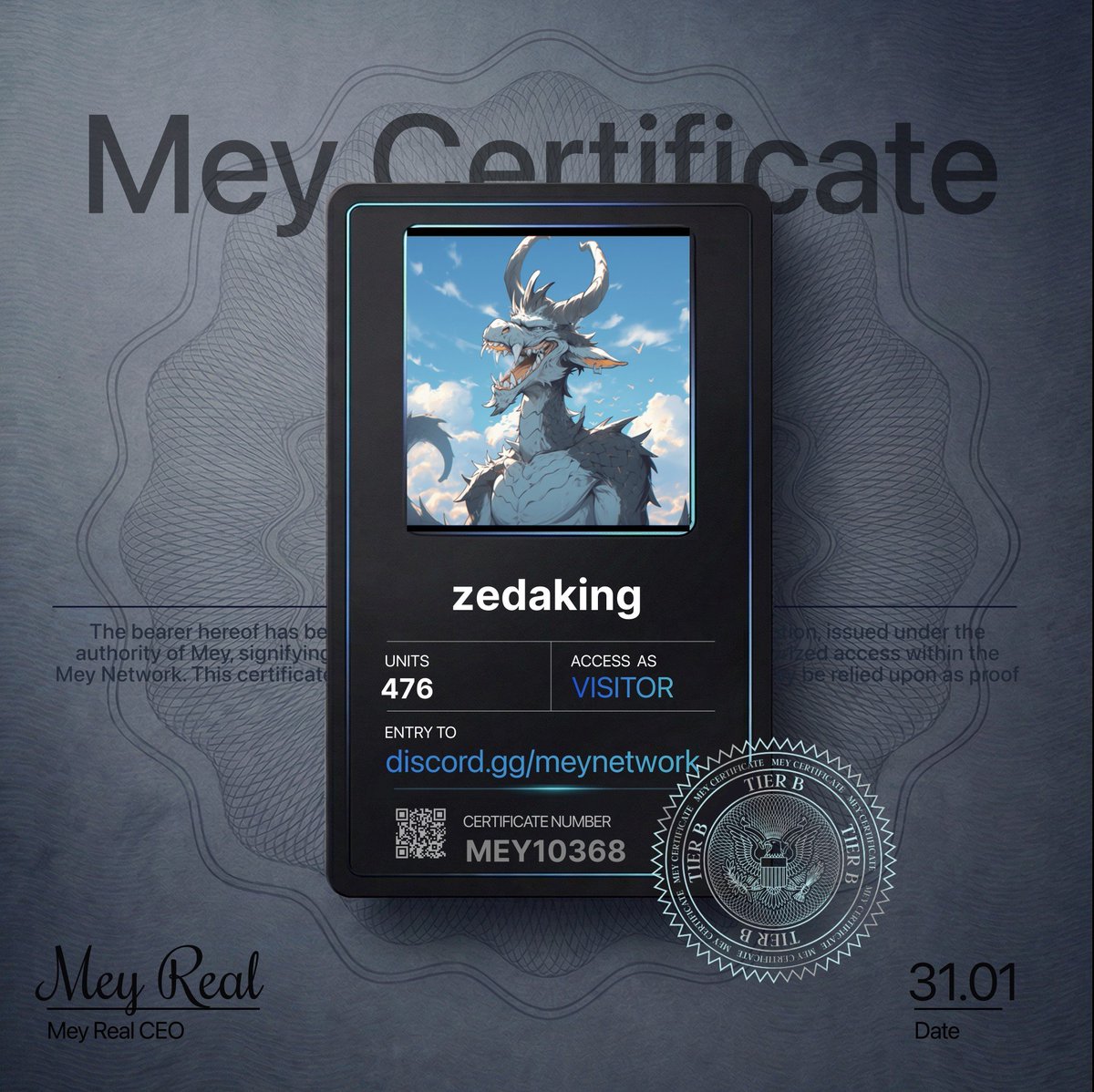 Claimed my **MEY Certificate** and I'm in MEY HQ now.

This tier system is kinda fire.

Which one did you get?

@mey_network → discord.gg/SQgaWZNB5a