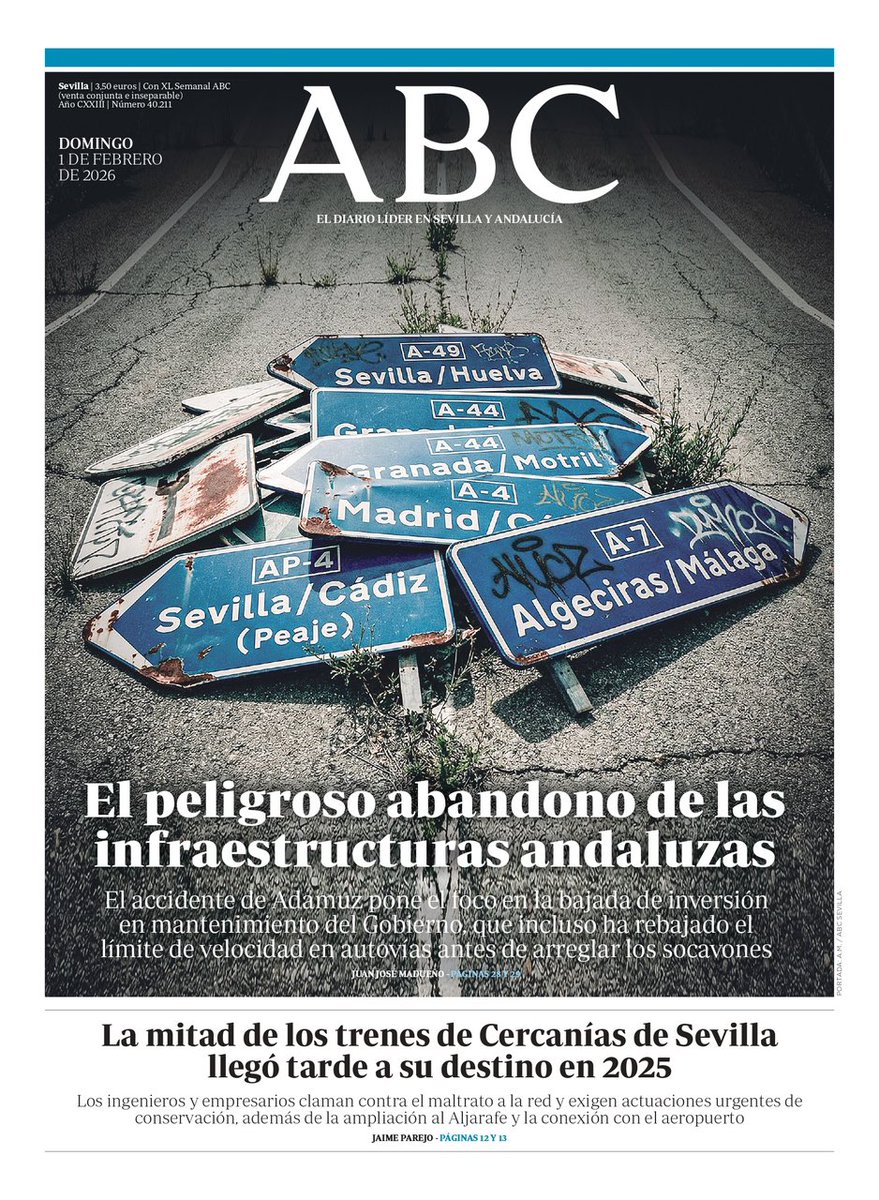 ⚫️ El peligroso abandono de las infraestructuras en Andalucía por falta de mantenimiento del Gobierno de Pedro Sánchez.

Así lo denuncian expertos y profesionales.
#DefiendeAndalucía 

abc.es/sevilla/ciudad…