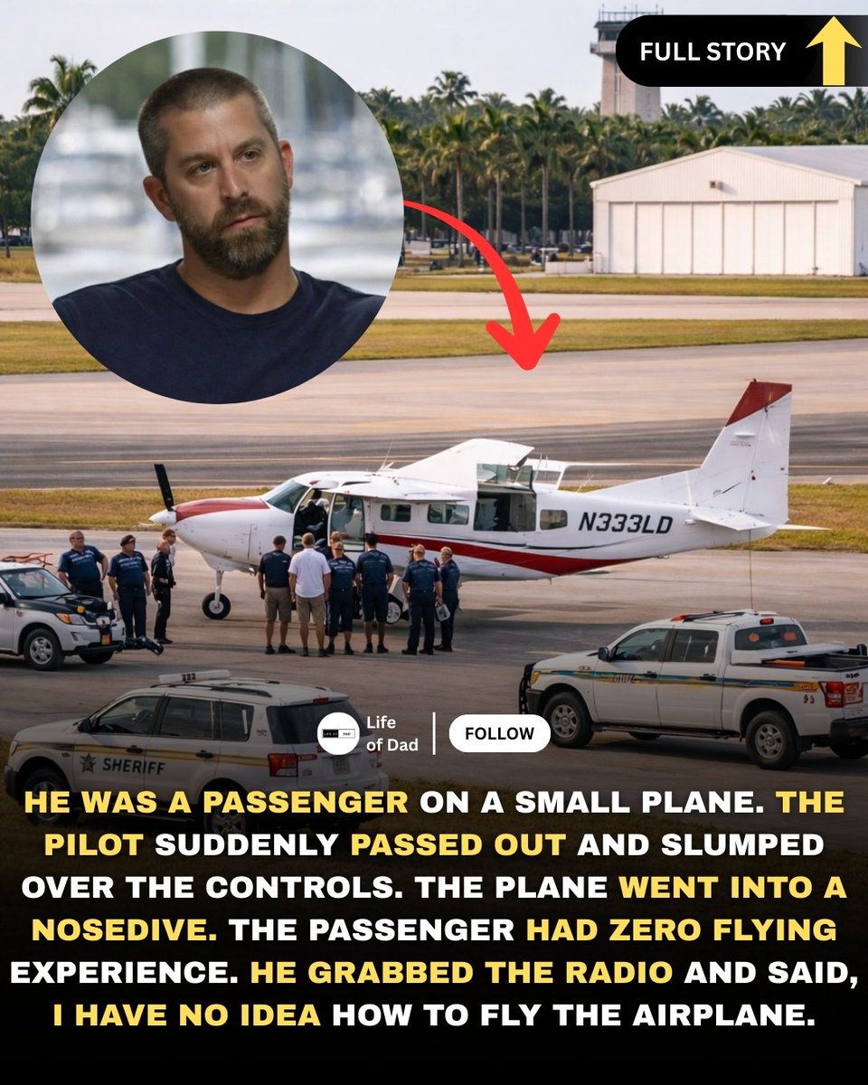 LifeofDad01's tweet photo. It is the scenario everyone fears, but only one man lived it. In May 2022, Darren Harrison was flying home from the Bahamas on a single-engine Cessna 208. He was relaxing in the back when the pilot suddenly groaned, clutched his chest, and fell unconscious due to a torn aorta. The plane pitched down, diving toward the ocean at high speed. Darren, who had no flight training, unbuckled his seatbelt and crawled into the cockpit.
He pulled the yoke back to level the plane, using sheer instinct. He put on the headset and radioed Air Traffic Control with a chilling message: "I've got a serious situation here. My pilot has gone incoherent. I have no idea how to fly the airplane." The air traffic controller, Robert Morgan (who was also a flight instructor), calmly talked him through it. "Push forward on the controls and descend at a very slow rate," he instructed. For miles, Darren flew the aircraft with steady hands. As the runway at Palm Beach International Airport appeared, he had to figure out how to slow down and touch the wheels to the ground without cra*hing. Miraculously, he greased the landing, bringing the plane to a gentle stop. The pilot was rushed to the hospital and survived, saved by the passenger who became a pilot in seconds.
