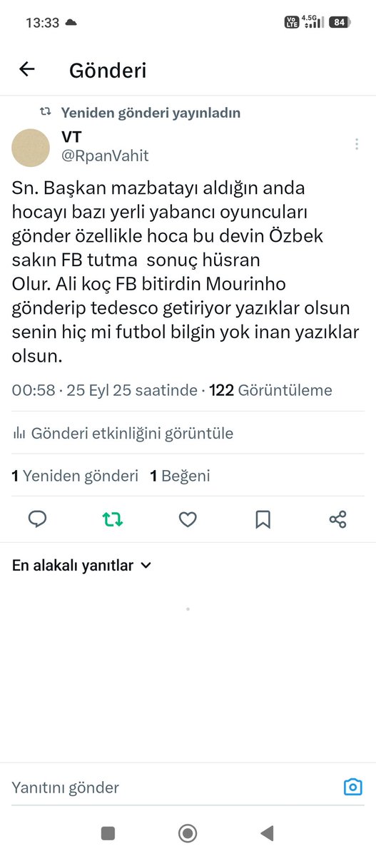 Sn. Başkan sende külup içinde nokta atışı değişimleri yapamadın en basiti Ali Koç'un getirdiği devin Özbek kişisini göndermedin  hala Ali Koç yönetiyor sanki kulübü beceriksizlik hat safhada gitti Şampiyonluk.