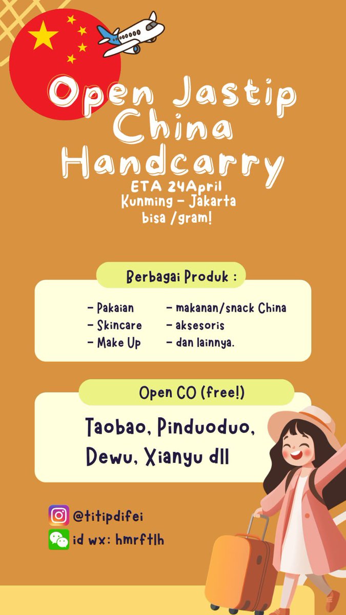 xiaofeiifei's tweet photo. Hi guys, aku open handcarry ETA 25April
80元/kg rate 2500. 
bisa /gram 20rb.

Aku bantu co tapa fee/ co sendiri juga boleh
• TAOBAO, PINDUODUO, DEWU dll
Kalau mau co produk edisi imlek bisa co sekarang ke alamatku. 

Sampai indo barang bisa kirim lewat shopee biar free ongkir🫶🏻 https://t.co/GAa7ORPPME