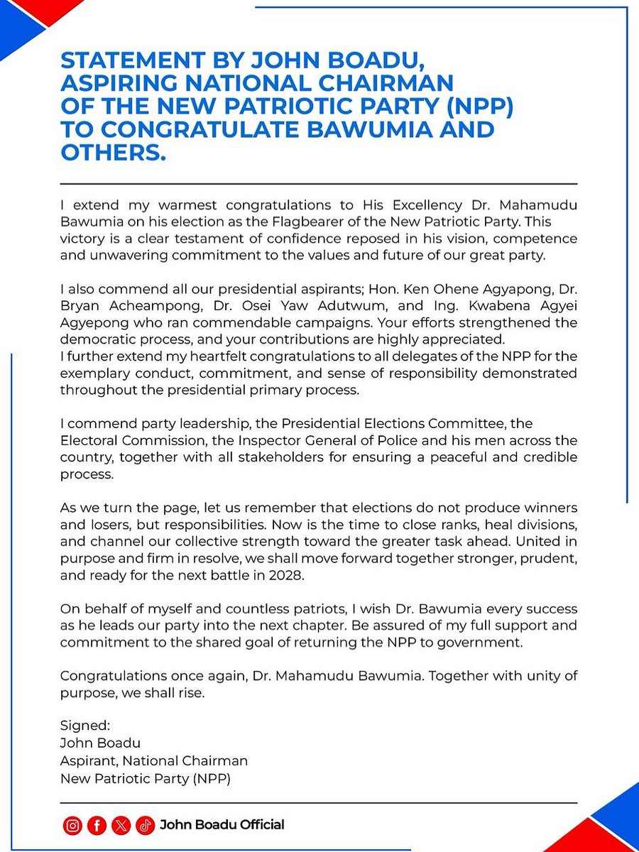 jnboaduofficial's tweet image. Congratulations to H E Dr. Mahamudu Bawumia @MBawumia on his election as NPP Flagbearer. A victory of confidence, vision, and commitment. Now is the time to unite, close ranks, and move forward together stronger.

#NPP
#UnityOfPurpose
#ForwardTogether
#Leadership