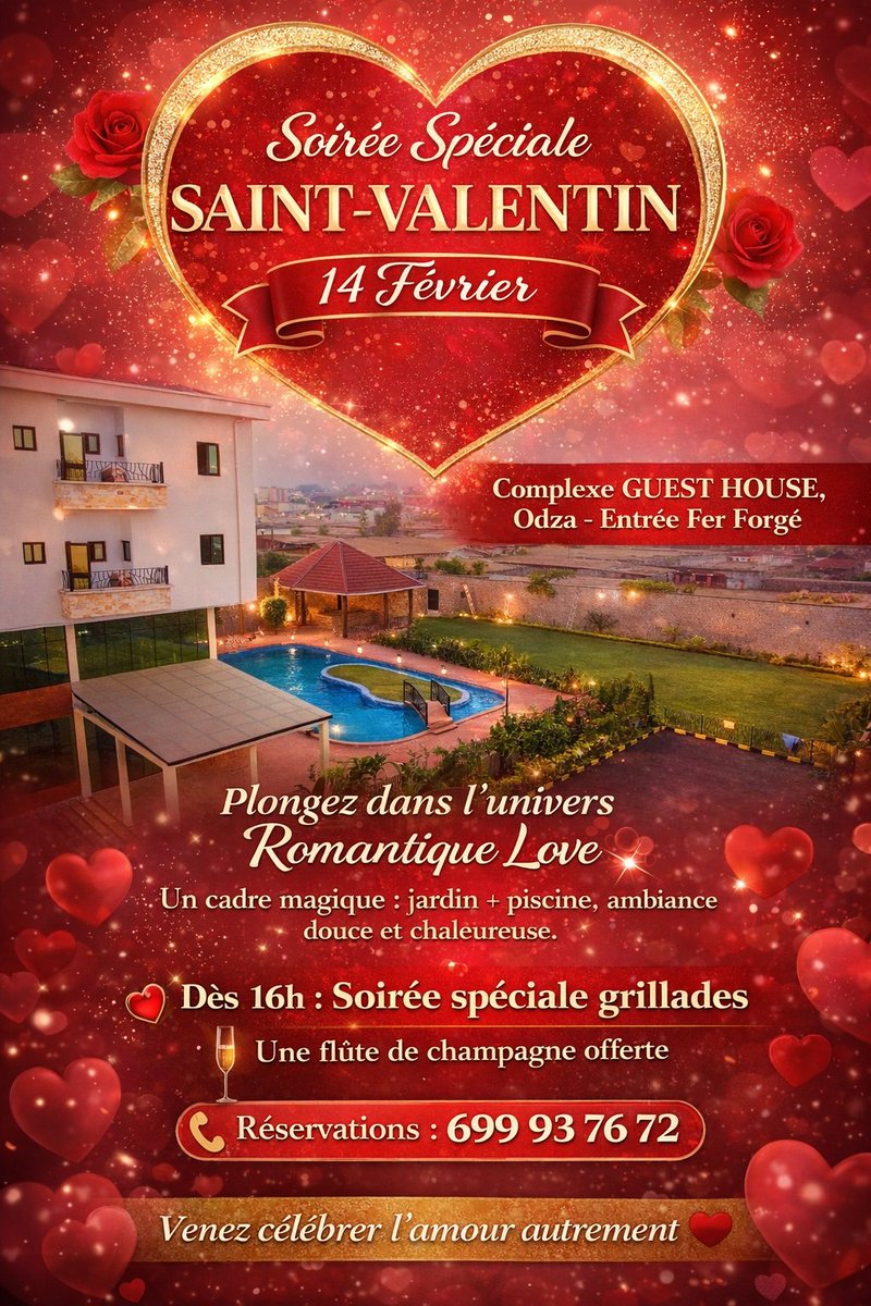 AndreBofia's tweet photo. Saint-Valentin
 14 Février
 Complexe GUEST HOUSE, Odza – Entrée Fer Forgé
✨ Un cadre magique : jardin + piscine, ambiance douce et chaleureuse.
🔥 Dès 16h : Soirée spéciale grillades
💑 Pack Couples : 25 000 FCFA
 Une flûte de champagne offerte
📞 Réservations : 699 93 76 72 https://t.co/OxoAUqQtJk