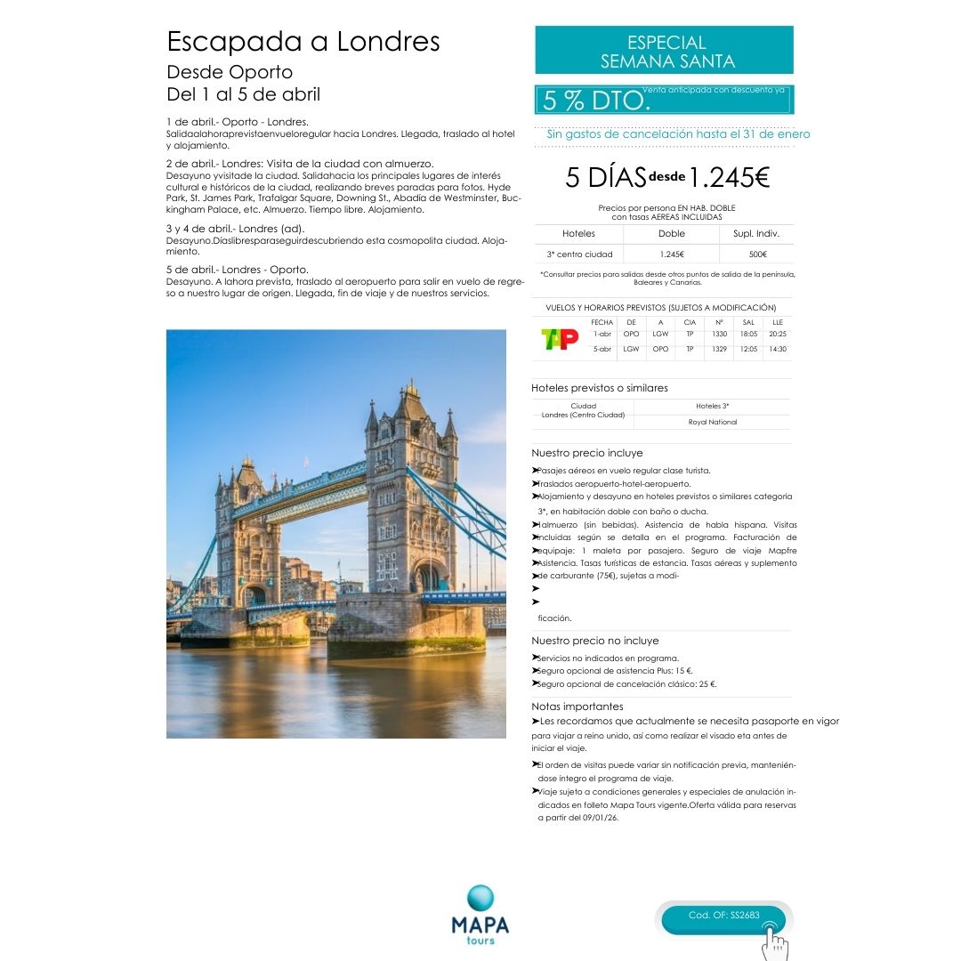 viajespina's tweet photo. 𝐒𝐞𝐦𝐚𝐧𝐚 𝐒𝐚𝐧𝐭𝐚 𝐞𝐧 𝐋𝐨𝐧𝐝𝐫𝐞𝐬
Escápate a una de las ciudades más vibrantes de Europa del 1 al 5 de abril con salida desde Oporto.
¡Reserva ya y vive Londres como te mereces!
Viajes Piña
C/ Ervedelo, 69A
32002 Ourense
988242819  - 988253359 https://t.co/eNpUbr0su7