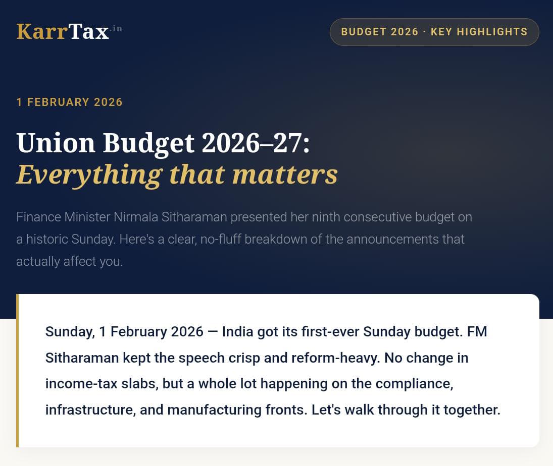 MolikPagaria's tweet image. Budget aaya… confusion gaya! 😄
Union Budget 2026 explained in simple words by KarrTax.in.
Know how this budget impacts your taxes, savings &amp;amp; business decisions.

📌 Follow us for real tax clarity, not jargon.
#UnionBudget2026 #BudgetExplained #IndianBudget