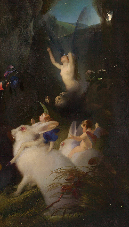WHITE RABBITS for the first of the month!! Goodbye January hello pre-spring!  Fairies ride white rabbits from 'A Midsummer Night's Dream' by Edwin Henry Landseer 1847 #February2026 #FolkloreSunday 🐇🐇🐇