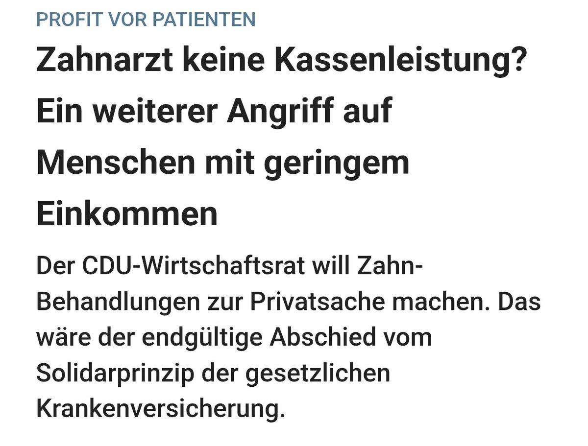 Zahnarztbesuche sollen komplett aus dem Leistungskatalog der GKV gestrichen werden. 

Zusätzlich sollen Wegeunfälle (Hin und Rückweg zur Arbeit) aus der gesetzlichen Unfallversicherung gestrichen werden. 

Was stimmt nicht mit der CDU?