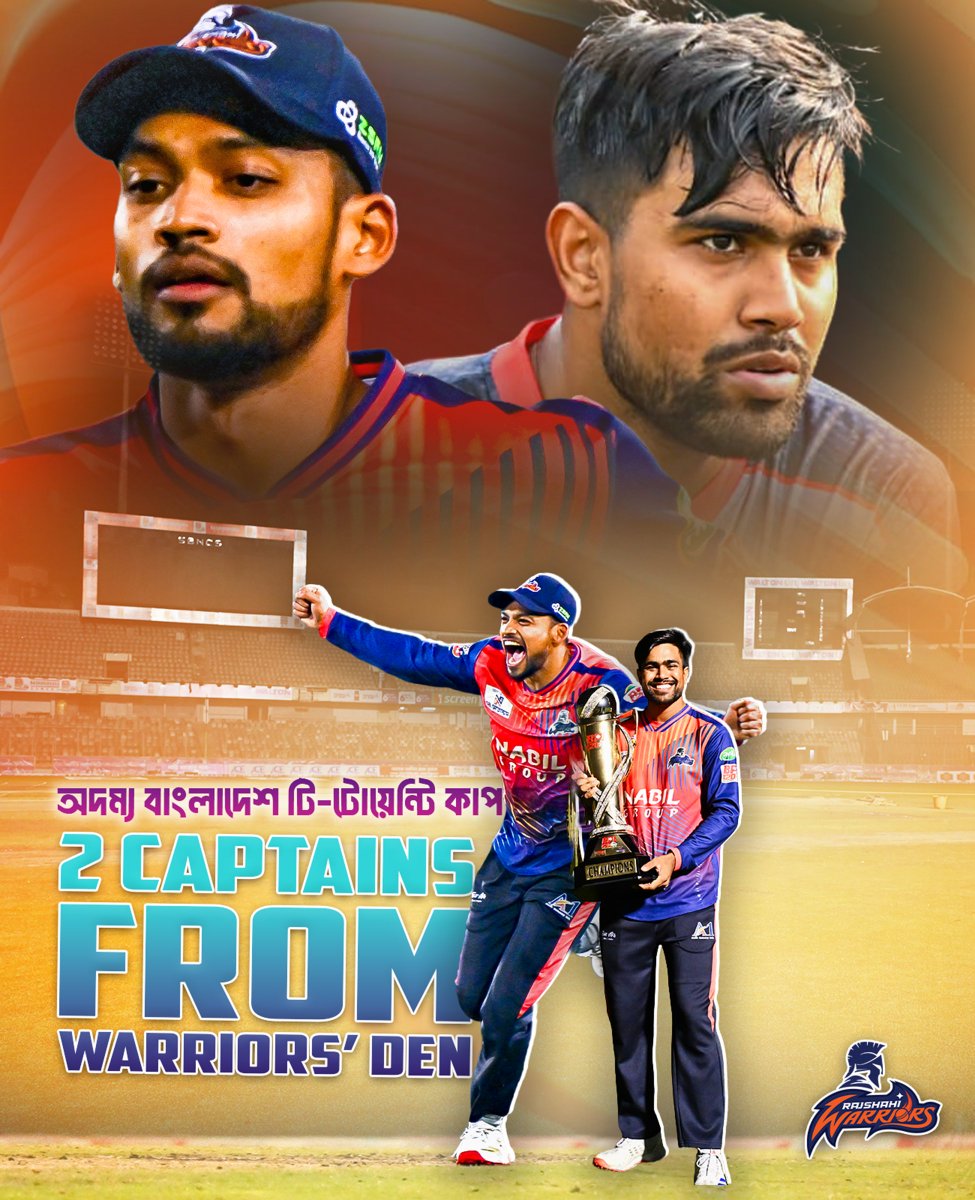 RajshahiW's tweet photo. The Warriors’ Den is a breeding ground for leaders. We are immensely proud to see our very own leading the charge in the 𝐎𝐝𝐨𝐦𝐲𝐚 𝐁𝐚𝐧𝐠𝐥𝐚𝐝𝐞𝐬𝐡 𝐓𝟐𝟎 𝐂𝐮𝐩!

#RajshahiWarriors #OdomyaBangladesh #WarriorsDen #BangladeshCricket #BornToLead https://t.co/Opw0t8DGcu