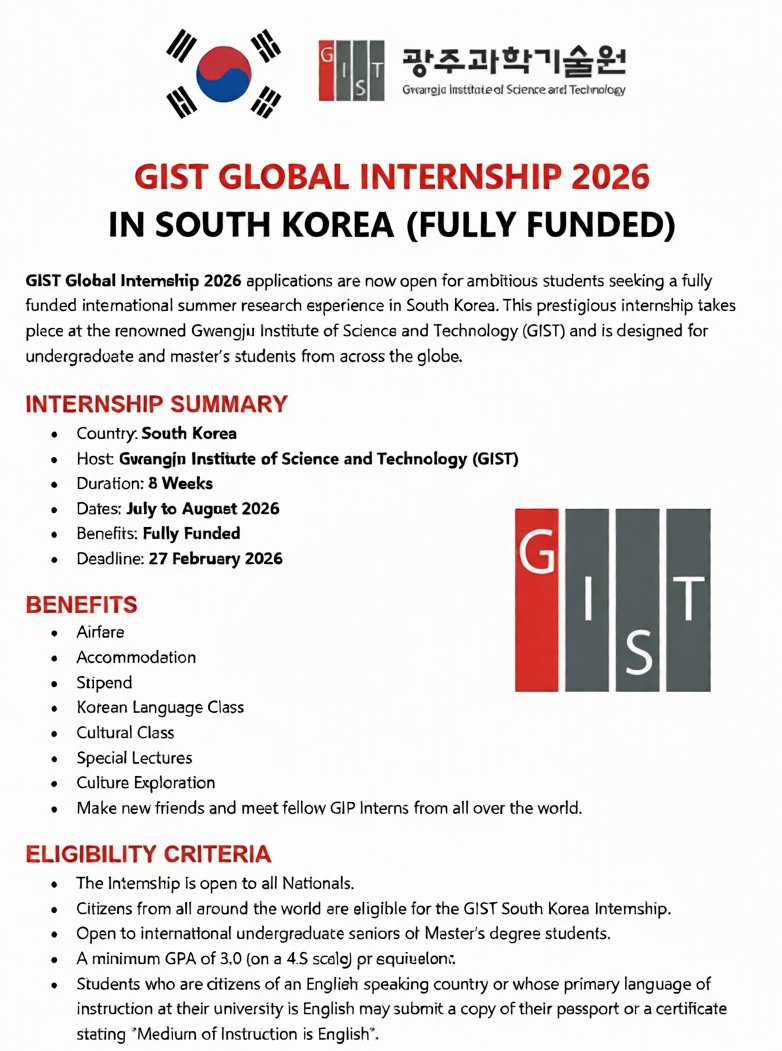 GIST Global Internship 2026 in South Korea 🇰🇷 (Fully Funded)  No IELTS. No Fee.

Apply: scholarshipforphd.com/gist-global-in…

8 Weeks Summer Internship for all International Students.

The Program Covers Airfare, Accommodation, Stipend and all Activities.
