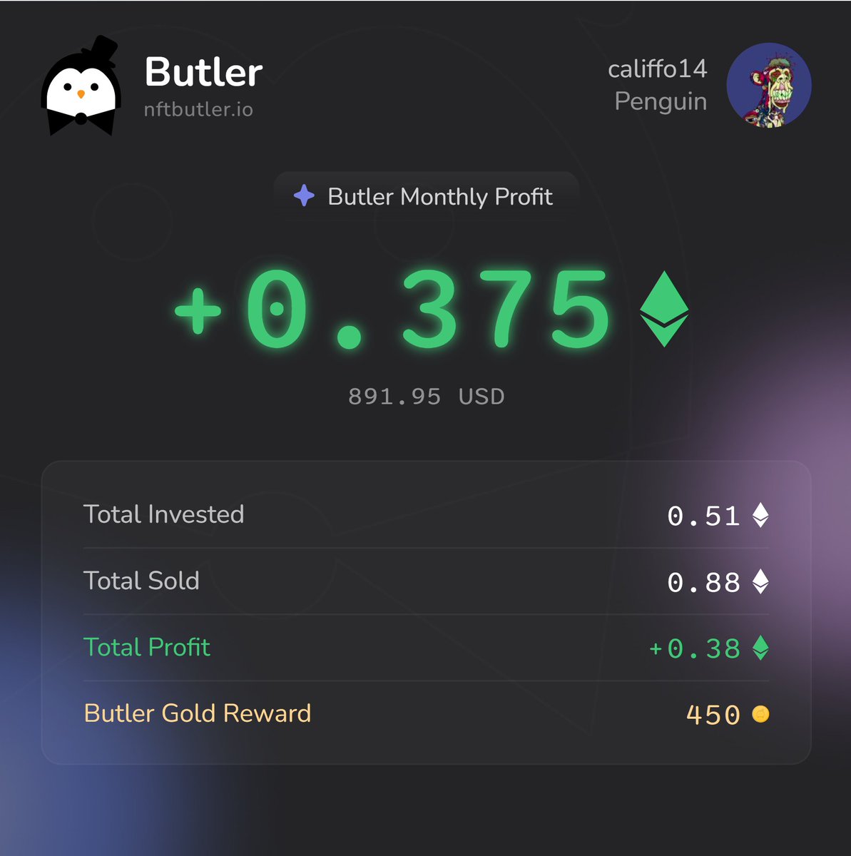 0.375 Ξ in profit made in the last 1 days using <a href="/nftbutler/">NFT Butler</a> 💰📈

Sharing on X to grab my extra 450 Butler Gold 🟠
Bidding’s a breeze with NFT Butler in my arsenal!  🐧

#NFT #NFTCommunity #NFTButler

nftbutler.io