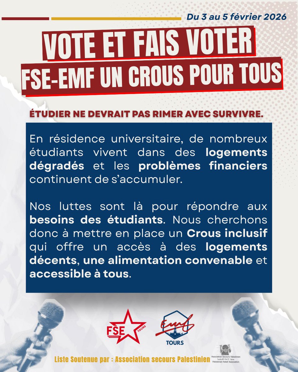 Votre réalité, notre priorité ! ⚠️ 

Les 3,4 et 5 février, je vote et fais voter FSE-EMF pour un CROUS pour TOUS!