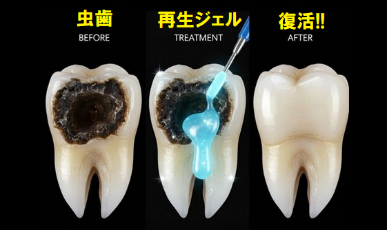 とうとう来たか！
これは究極！

アメリカで“痛くない虫歯治療”が爆誕しそう！

なんとエナメル質を再生する詰め物が開発された。
生体成分が歯と融合し、自然の硬さまで回復。

虫歯部分を軽く清掃し、ドリルで大きく削るのではなく、