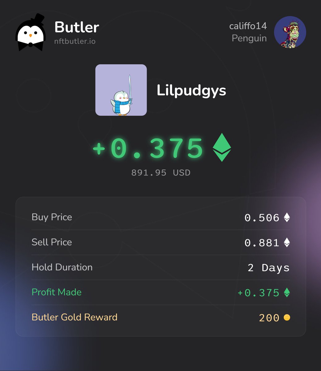 0.375 Ξ profit on a single trade 💰📈

Sharing my best Flip this month to get fat stacks of 200 Butler Gold 🟠
Stacking profits is so much easier with NFT Butler!🐧

#NFT #NFTCommunity #NFTButler

nftbutler.io