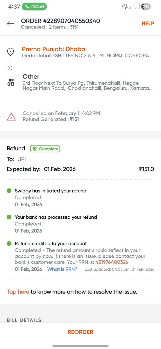 beavisingh07's tweet photo. @SwiggyCare @Swiggy
Waited ~50 minutes for my order and still didn’t receive it. After repeated follow-ups, the order was cancelled and refund issued (₹151). However, the ₹47 compensation was given as a coupon, which is not acceptable. https://t.co/b0Qs93bcQz
